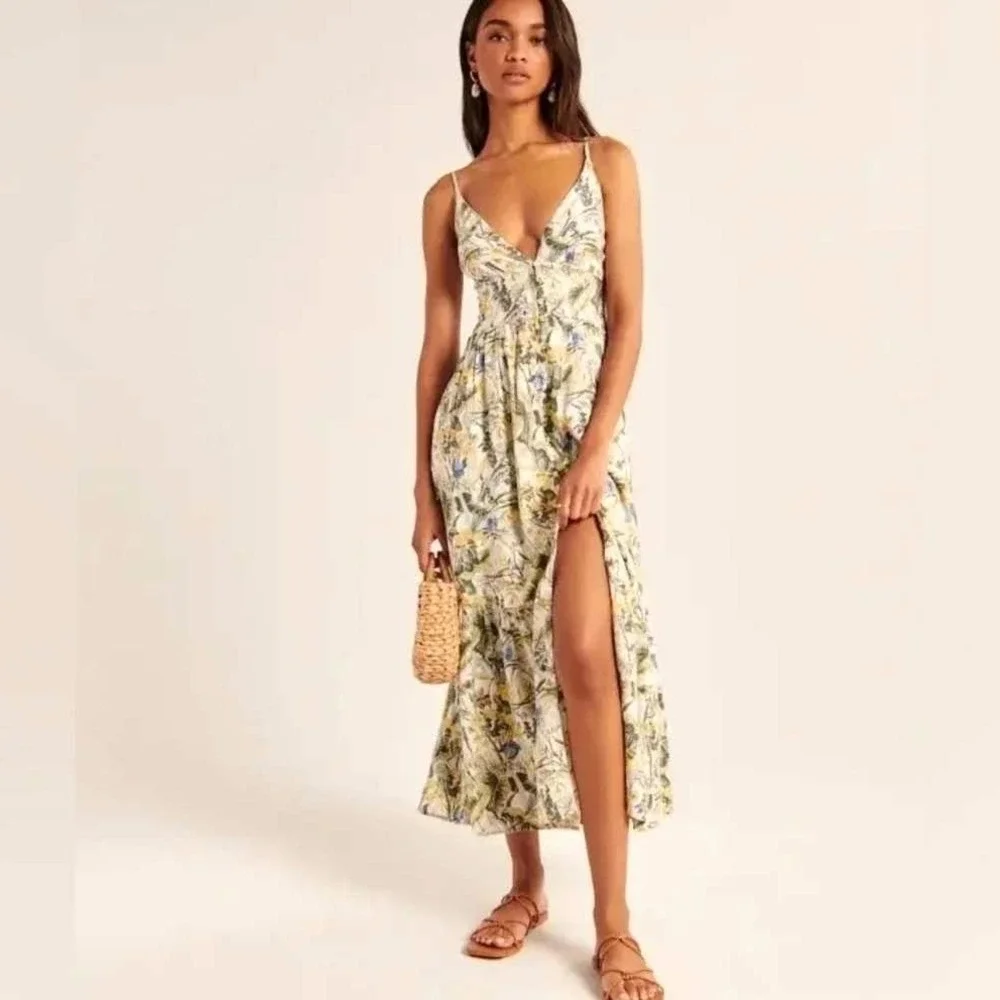 Abercrombie & Fitch Linen Blend Floral Butterfly Button Front Maxi Dress XL Boho